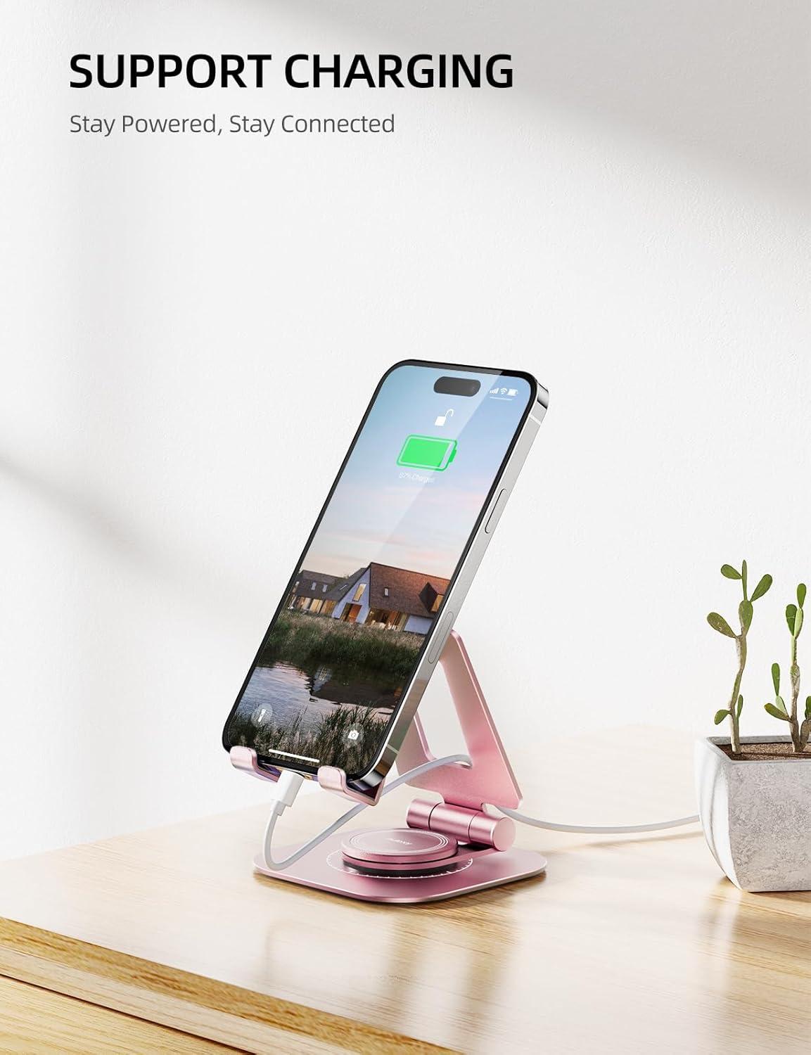 imageNulaxy 360 Rotating Cell Phone Stand Fully Adjustable Foldable Desktop Phone Holder Cradle Dock Thick Case Friendly Compatible with All Phones Nintendo Switch BlackBRose Gold