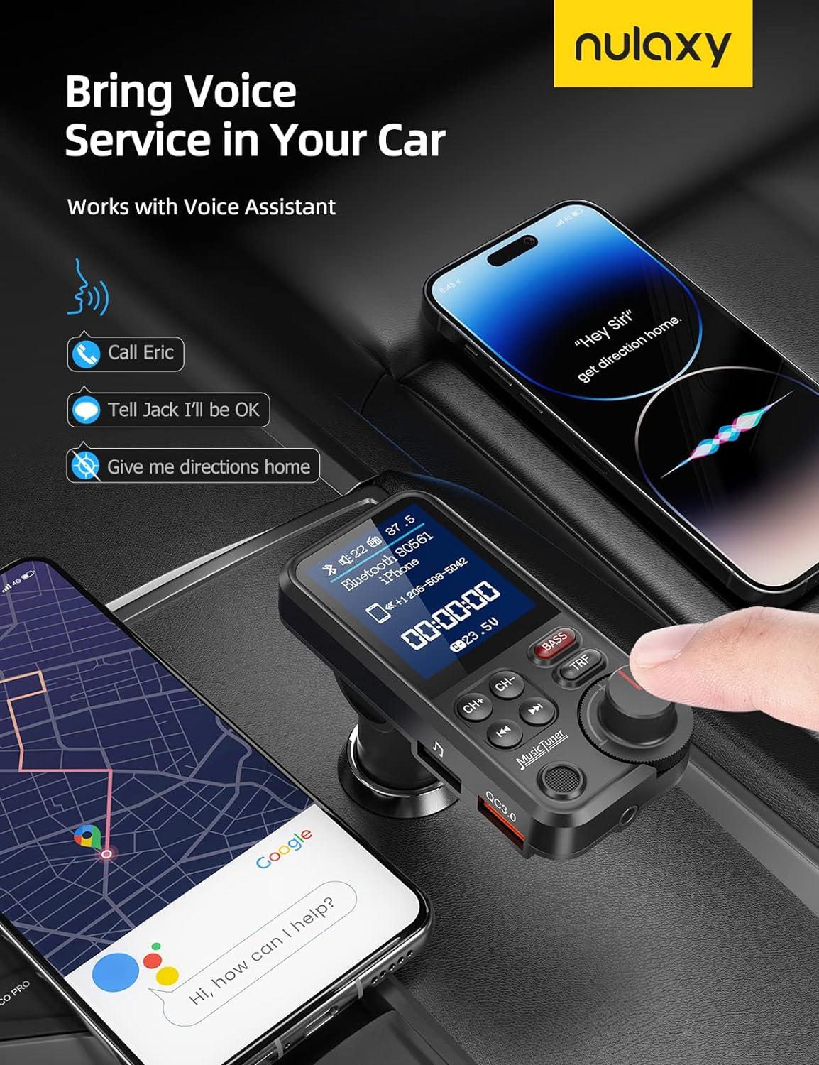 imageNulaxy Bluetooth Car Adapter 18quot Color Screen Strong Mic QC30 Fast Charger Wireless FM Radio Transmitter with Treble ampamp Bass Sound Music Player HandsFree Calls Supports AUXTF CardUSB DriveBlack