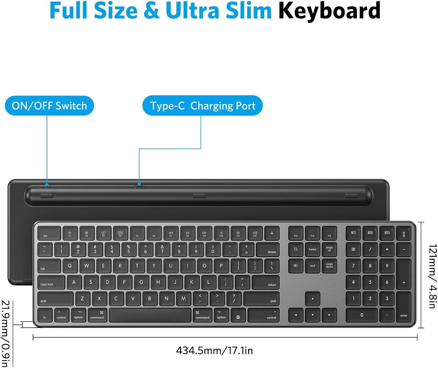 imageOMOTON Bluetooth Keyboard Compatible with Mac with Numeric Keypad Rechargeable Wireless Keyboard Compatible with MacBook ProAir iMac Mac miniPro Laptop and PC SilverBlackGrey