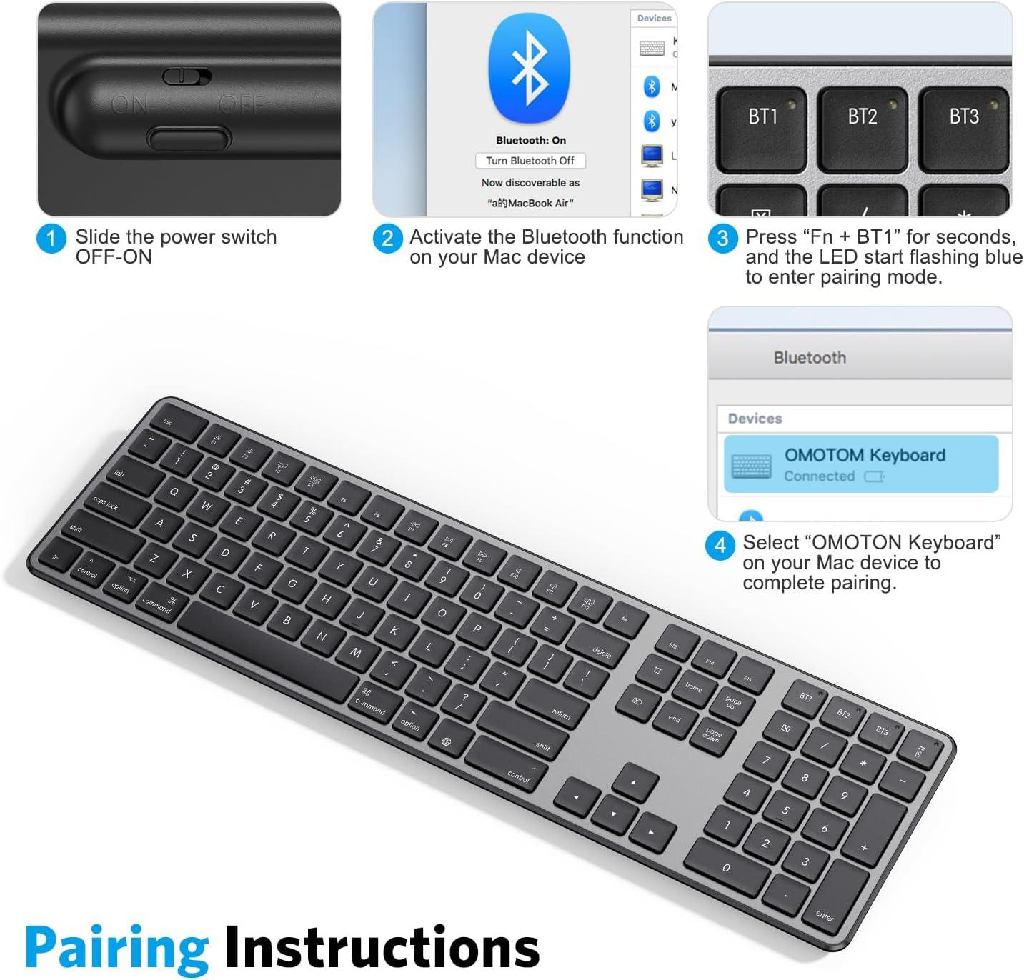 imageOMOTON Bluetooth Keyboard Compatible with Mac with Numeric Keypad Rechargeable Wireless Keyboard Compatible with MacBook ProAir iMac Mac miniPro Laptop and PC SilverBlackGrey
