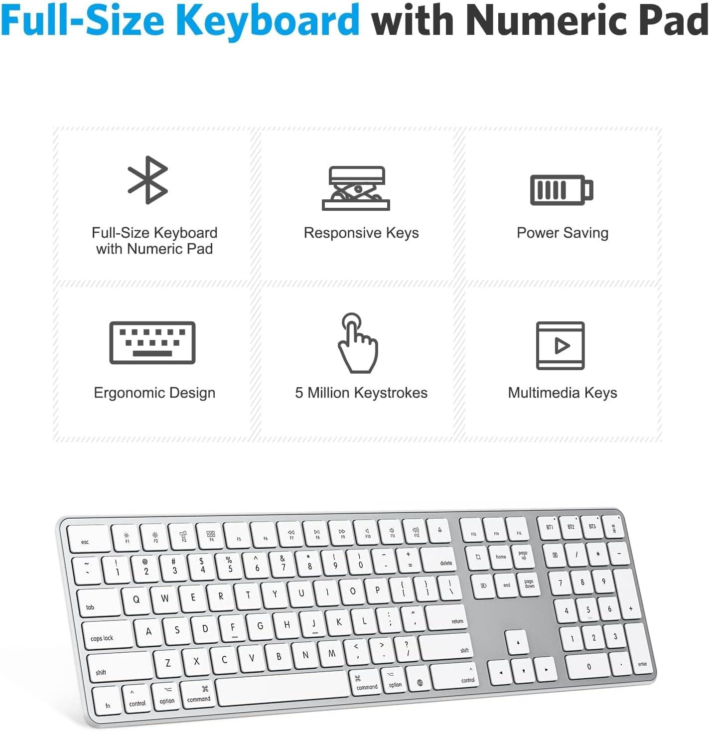 imageOMOTON Bluetooth Keyboard Compatible with Mac with Numeric Keypad Rechargeable Wireless Keyboard Compatible with MacBook ProAir iMac Mac miniPro Laptop and PC SilverSilver
