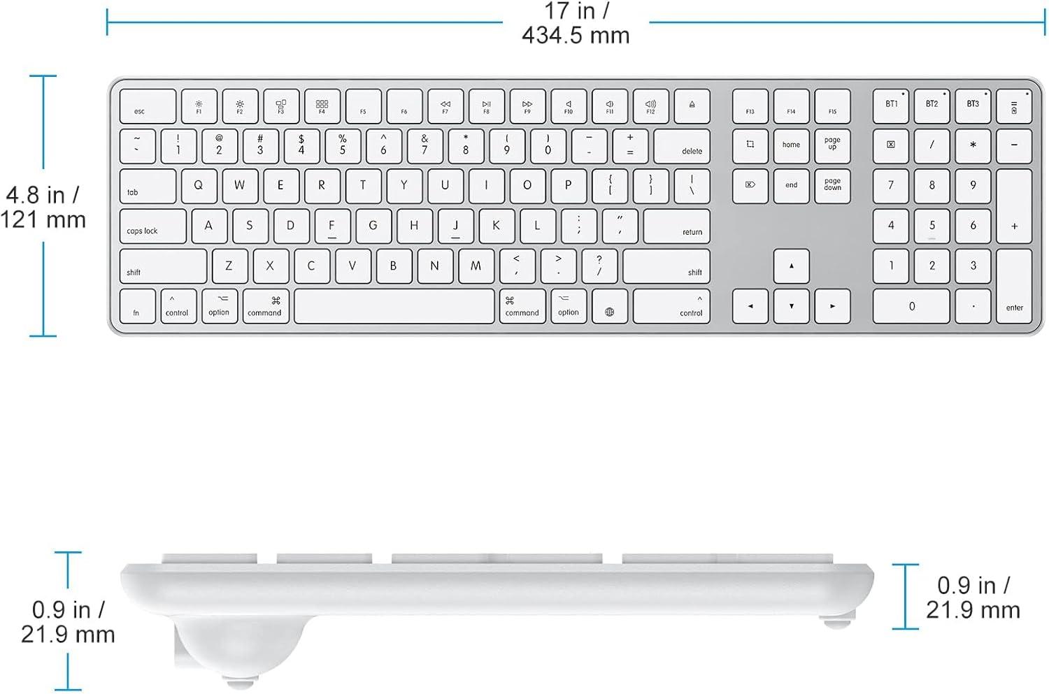 imageOMOTON Bluetooth Keyboard Compatible with Mac with Numeric Keypad Rechargeable Wireless Keyboard Compatible with MacBook ProAir iMac Mac miniPro Laptop and PC SilverSilver