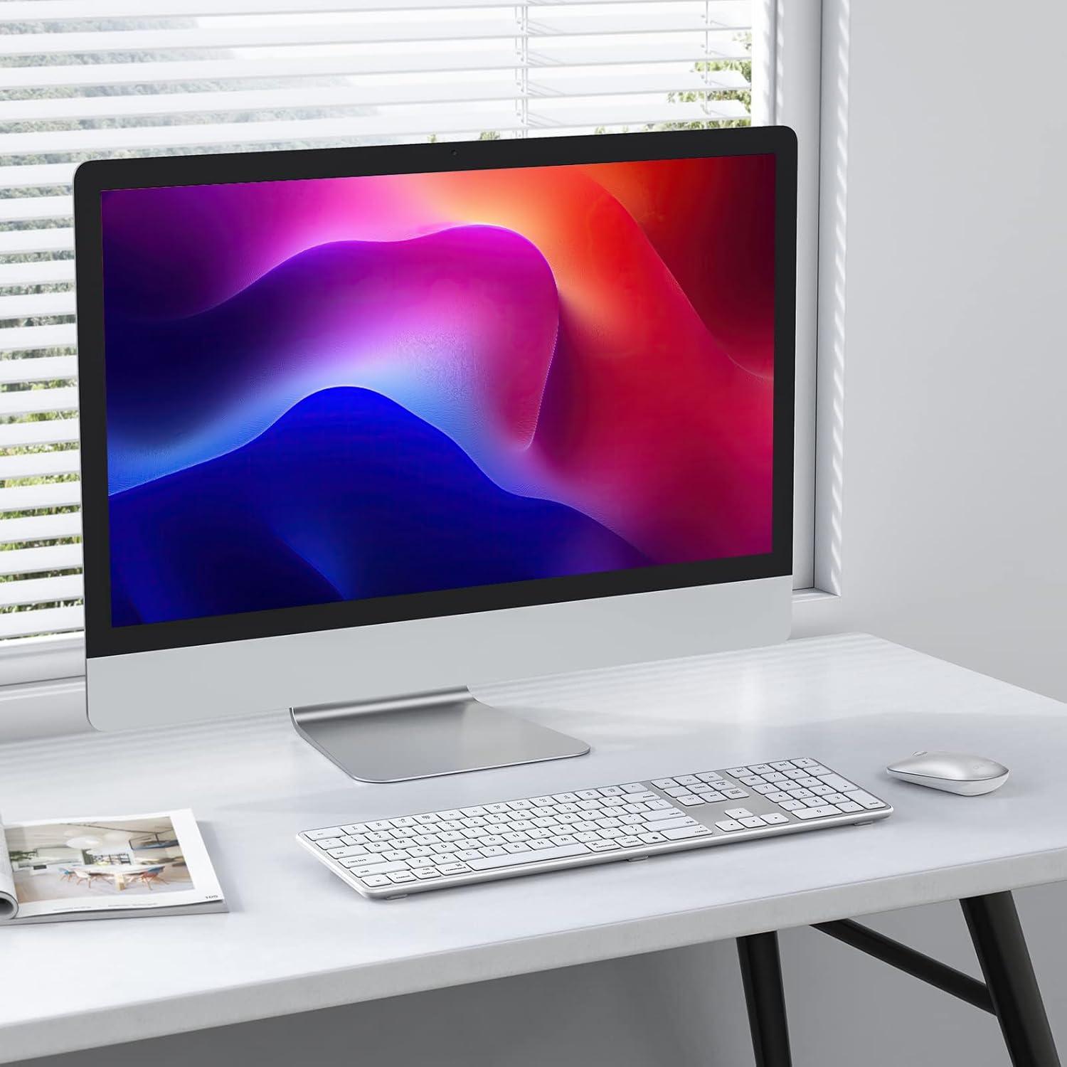 imageOMOTON Bluetooth Keyboard Compatible with Mac with Numeric Keypad Rechargeable Wireless Keyboard Compatible with MacBook ProAir iMac Mac miniPro Laptop and PC SilverSilver