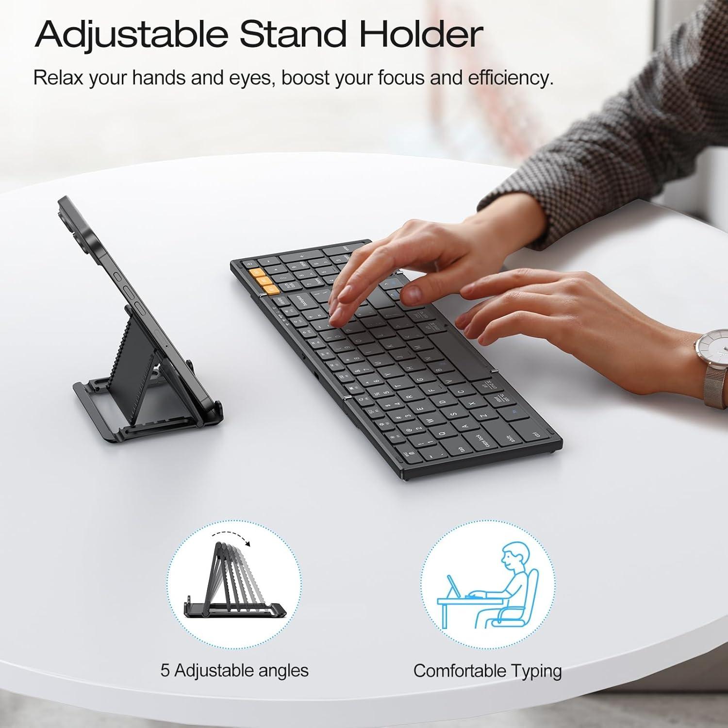 imageOMOTON Foldable Bluetooth Keyboard Supports Up to 3 Devices Rechargeable Wireless for iPad iOS Android Tablet MacOS Windows Laptop PC Full Size Folding Travel KeyboardBlackUS Layout