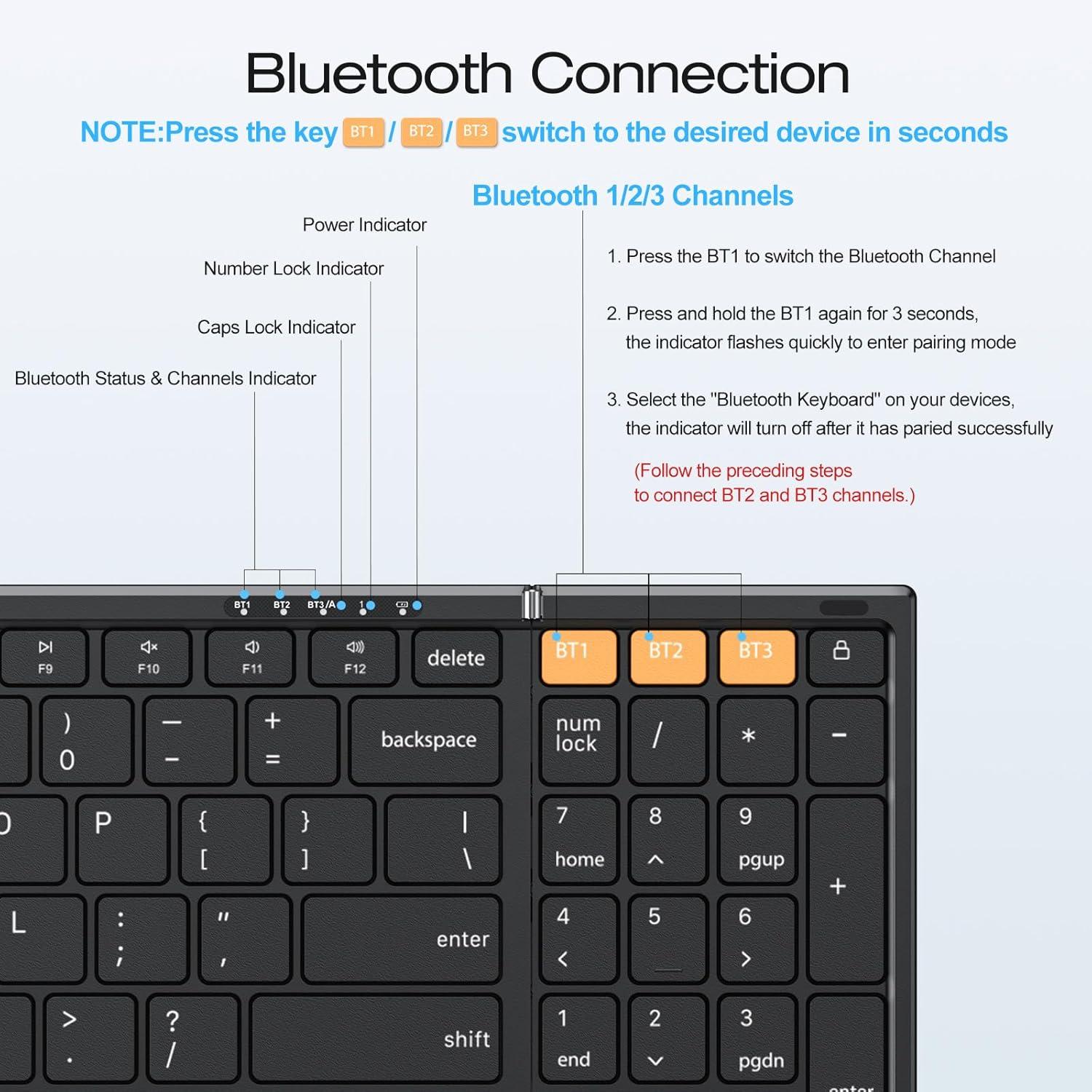 imageOMOTON Foldable Bluetooth Keyboard Supports Up to 3 Devices Rechargeable Wireless for iPad iOS Android Tablet MacOS Windows Laptop PC Full Size Folding Travel KeyboardBlackUS Layout