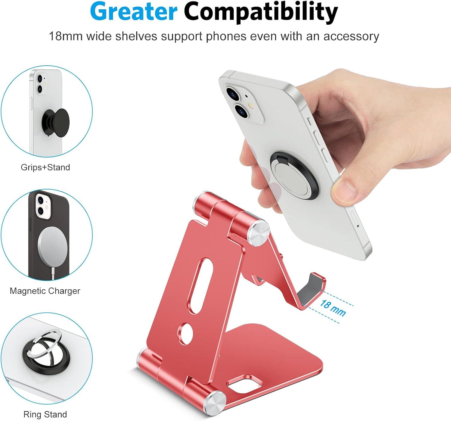 imageOMOTON Foldable Cell Phone Stand C4 Portable Aluminum Phone Holder Adjustable Phone Dock Cradle Compatible with iPhone 171615 Pro Max Air Samsung Galaxy Small Tablets All Smart Phones Silverred