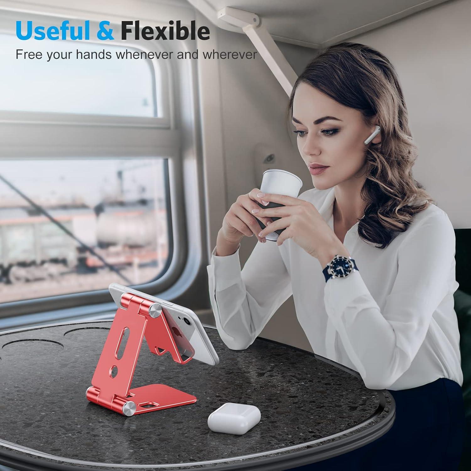 imageOMOTON Foldable Cell Phone Stand C4 Portable Aluminum Phone Holder Adjustable Phone Dock Cradle Compatible with iPhone 171615 Pro Max Air Samsung Galaxy Small Tablets All Smart Phones Silverred