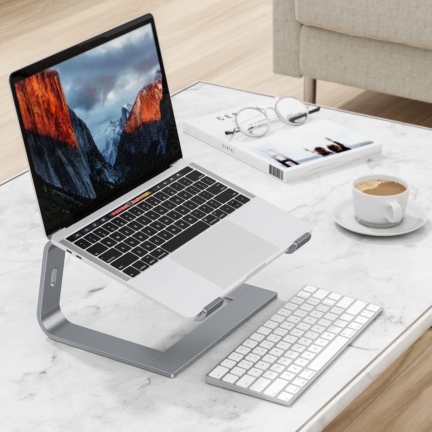 imageOMOTON Laptop Stand Detachable Laptop Mount Aluminum Laptop Holder Stand for Desk Compatible with MacBook AirPro Dell HP Lenovo and All Laptops 1116 inch SilverGrey