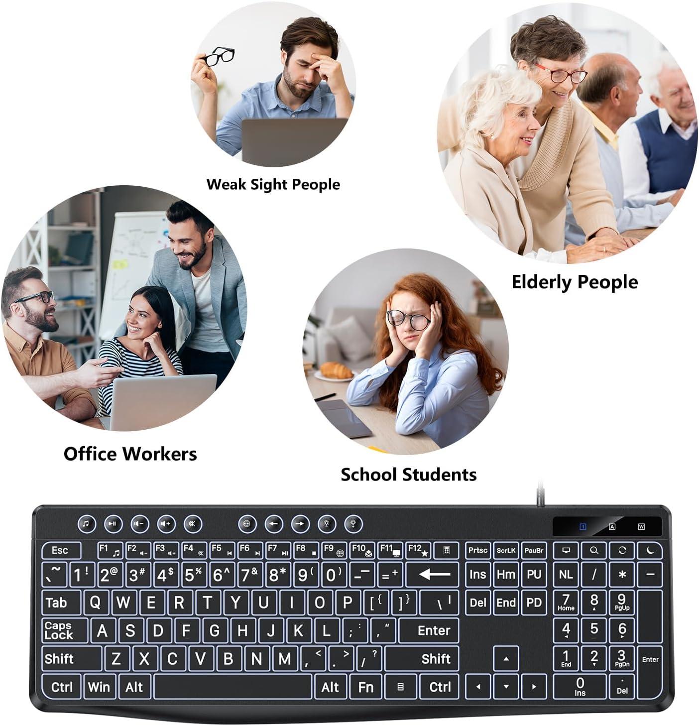 imageOMOTON Large Print Backlit Keyboard with TypeC and USB A Dual Interface Wired Computer Keyboard Oversize Font Key with White Backlight Easier to See and Type Full Size for Windows PC Laptop