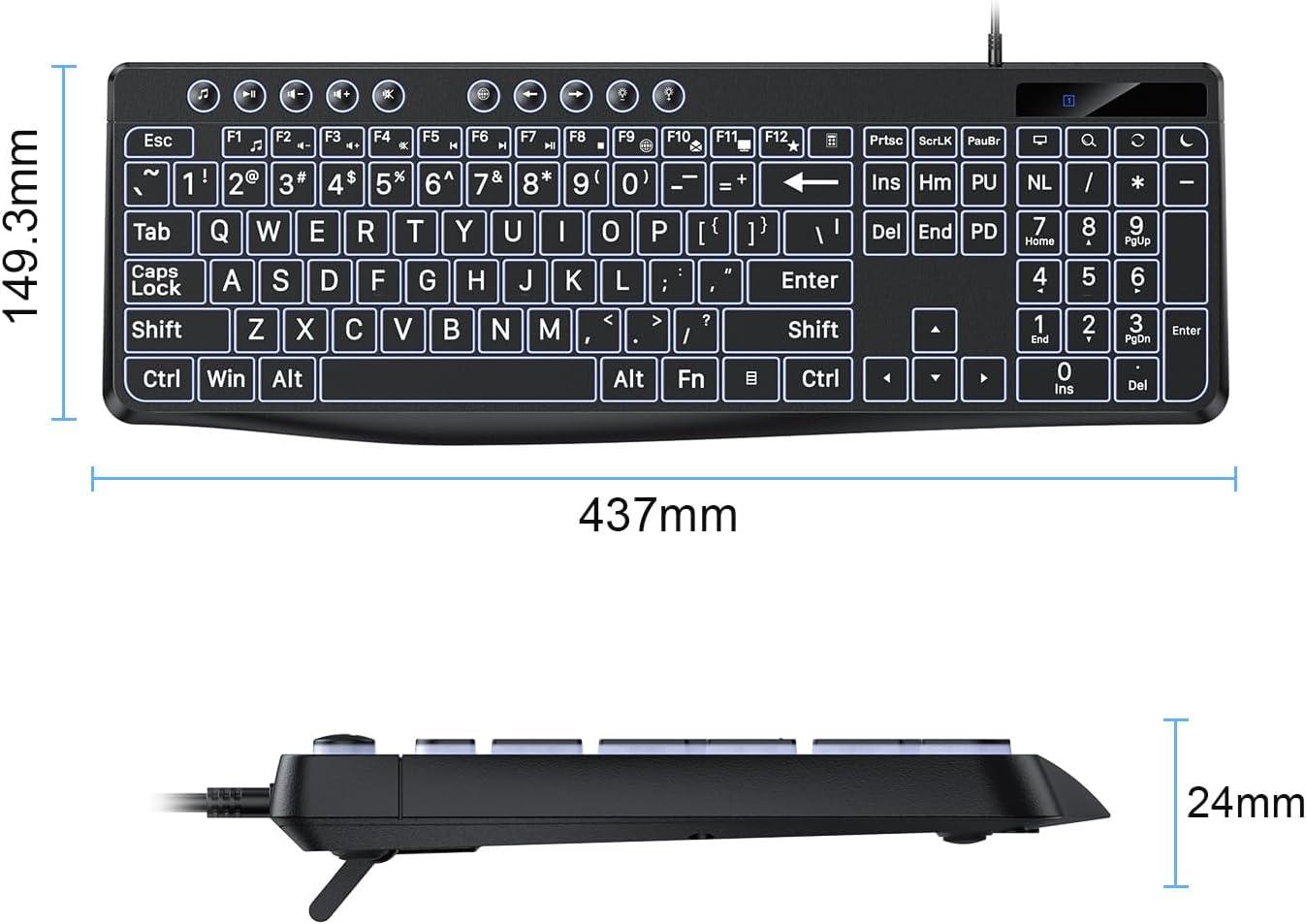 imageOMOTON Large Print Backlit Keyboard with TypeC and USB A Dual Interface Wired Computer Keyboard Oversize Font Key with White Backlight Easier to See and Type Full Size for Windows PC Laptop