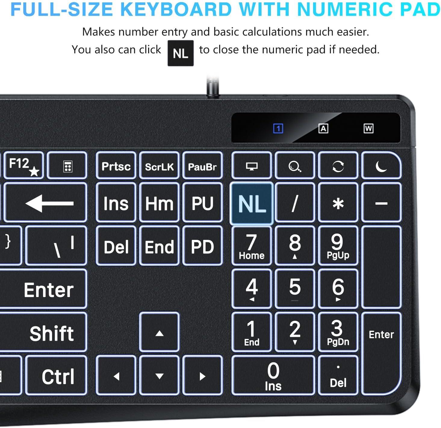 imageOMOTON Large Print Backlit Keyboard with TypeC and USB A Dual Interface Wired Computer Keyboard Oversize Font Key with White Backlight Easier to See and Type Full Size for Windows PC Laptop