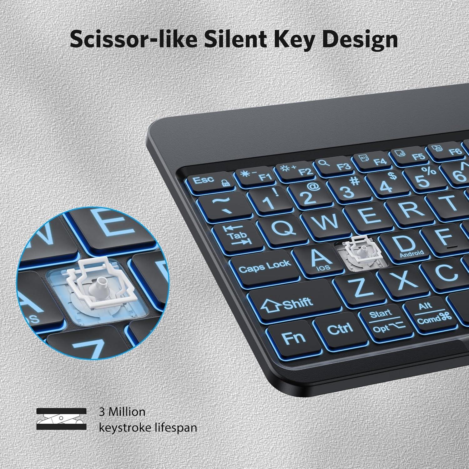 imageOMOTON Large Print Bluetooth Keyboard for iPad iPhone Windows Tablets 7 Color Backlit with Enlarged Keycaps Rechargeable Wireless Keyboard for iPad 10th987 iPad Pro Air Mini etcLargeprints KeycapsBlackUS