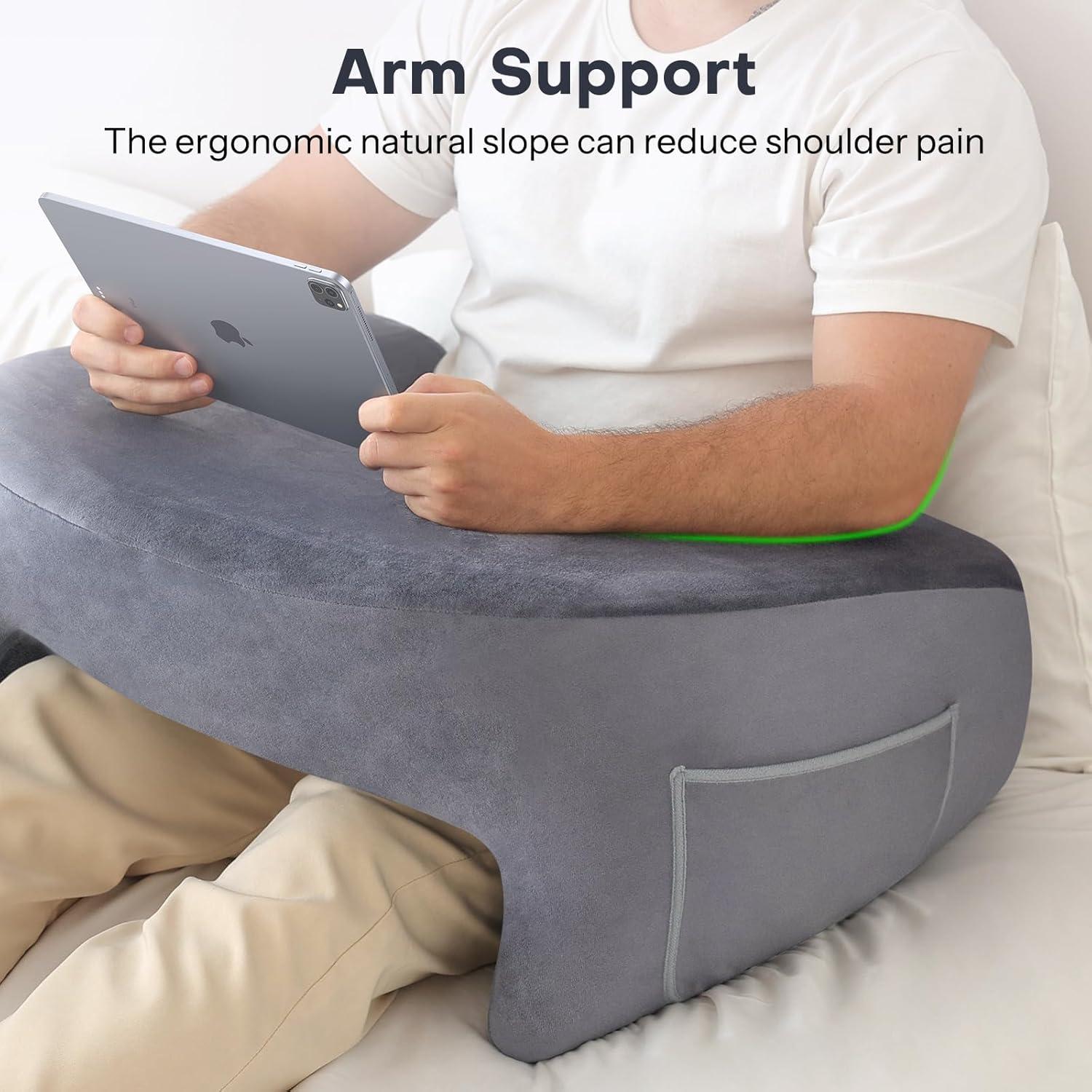imageOMOTON Reading Pillow for Lap Desk Upgrade Extra Large Gaming Pillow for Adult Perfectly Fitting Your Body Memory Foam Arm Rest Pillow for Reading Working Playing in Bed Sofa Deep GreyLight Grey