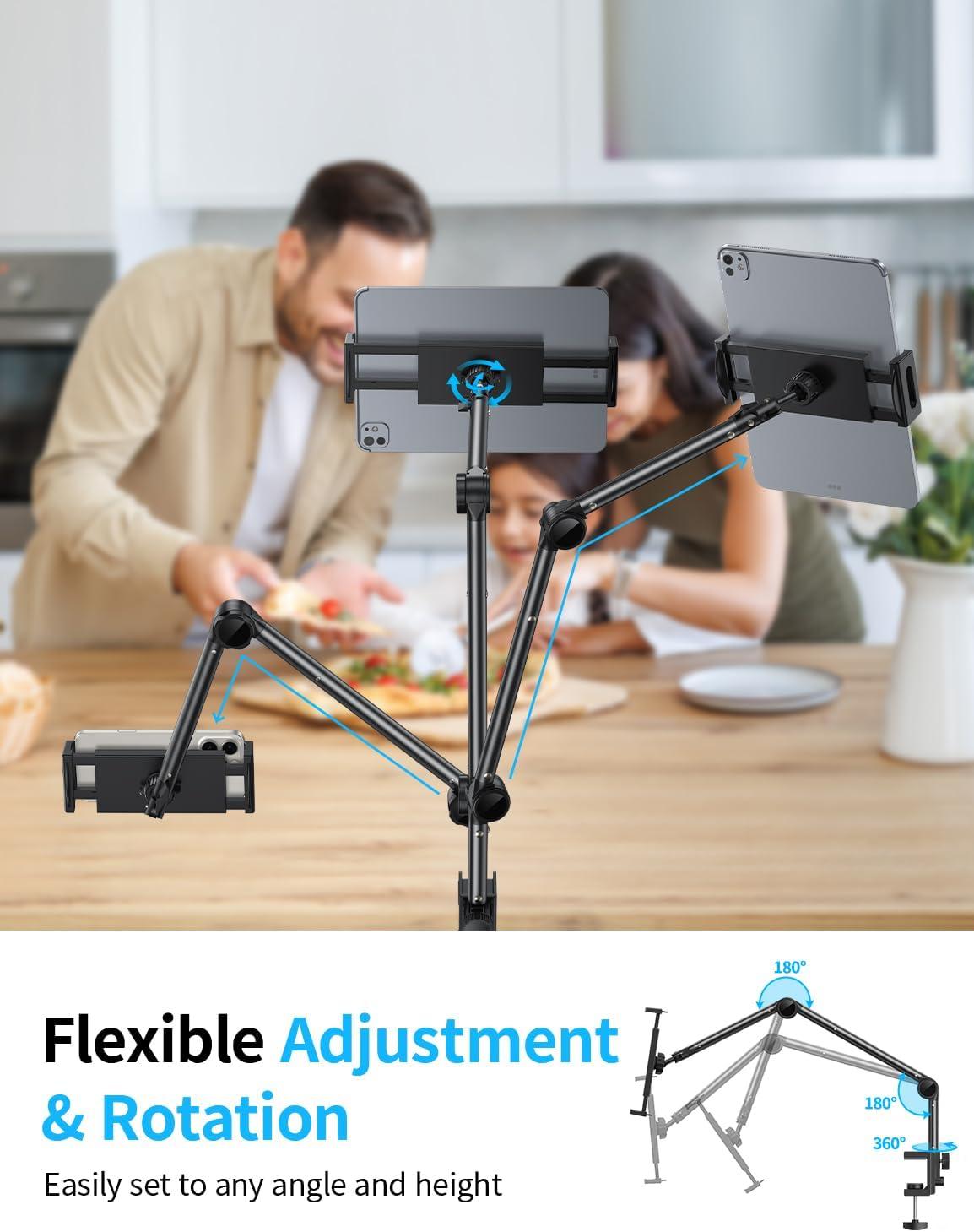 imageOMOTON Tablet Stand Mount for Desk Adjustable Phone Holder for Bed with Metal Arm Fits for 4711 Inches iPad Pro AirMini Kindle and Phones