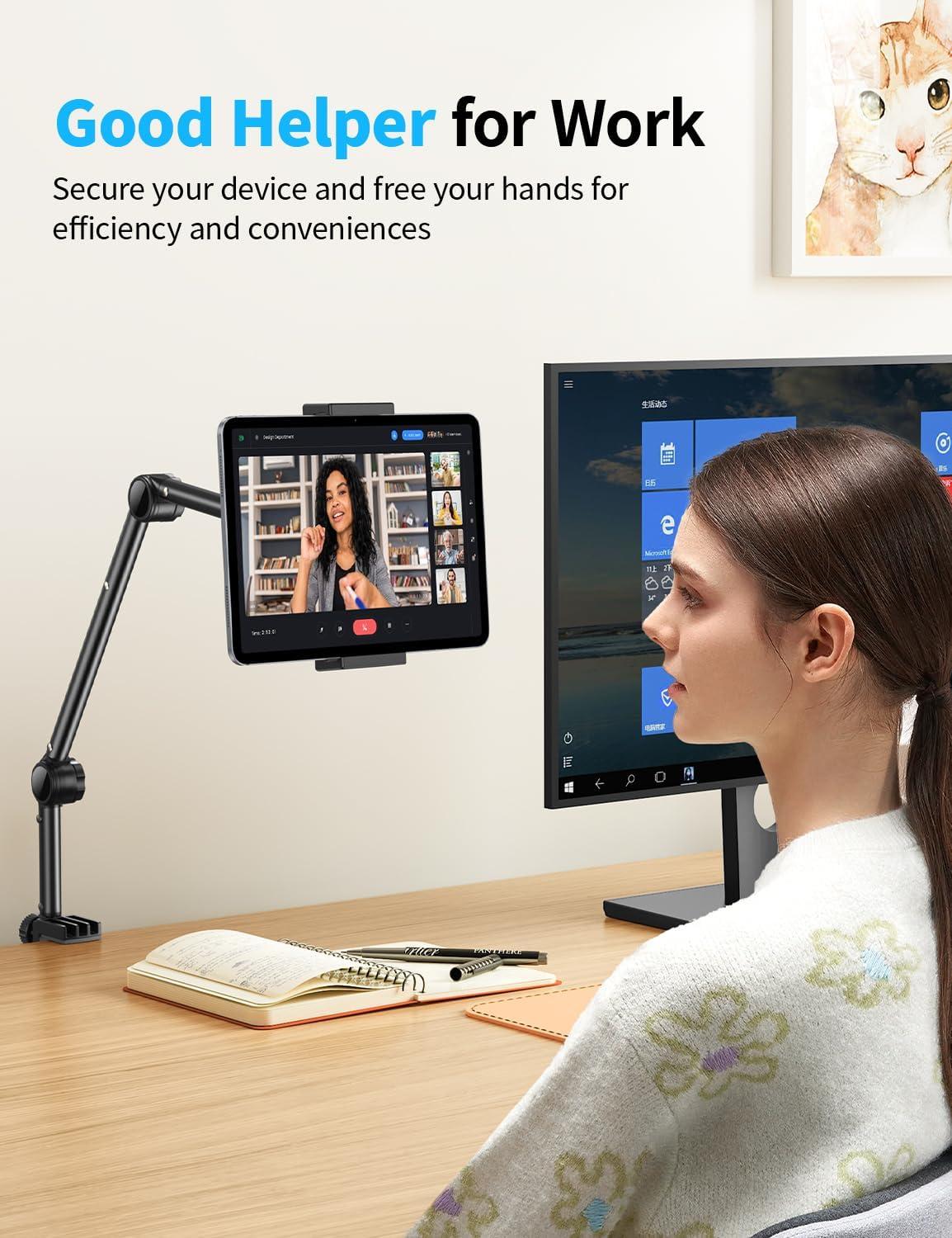 imageOMOTON Tablet Stand Mount for Desk Adjustable Phone Holder for Bed with Metal Arm Fits for 4711 Inches iPad Pro AirMini Kindle and Phones