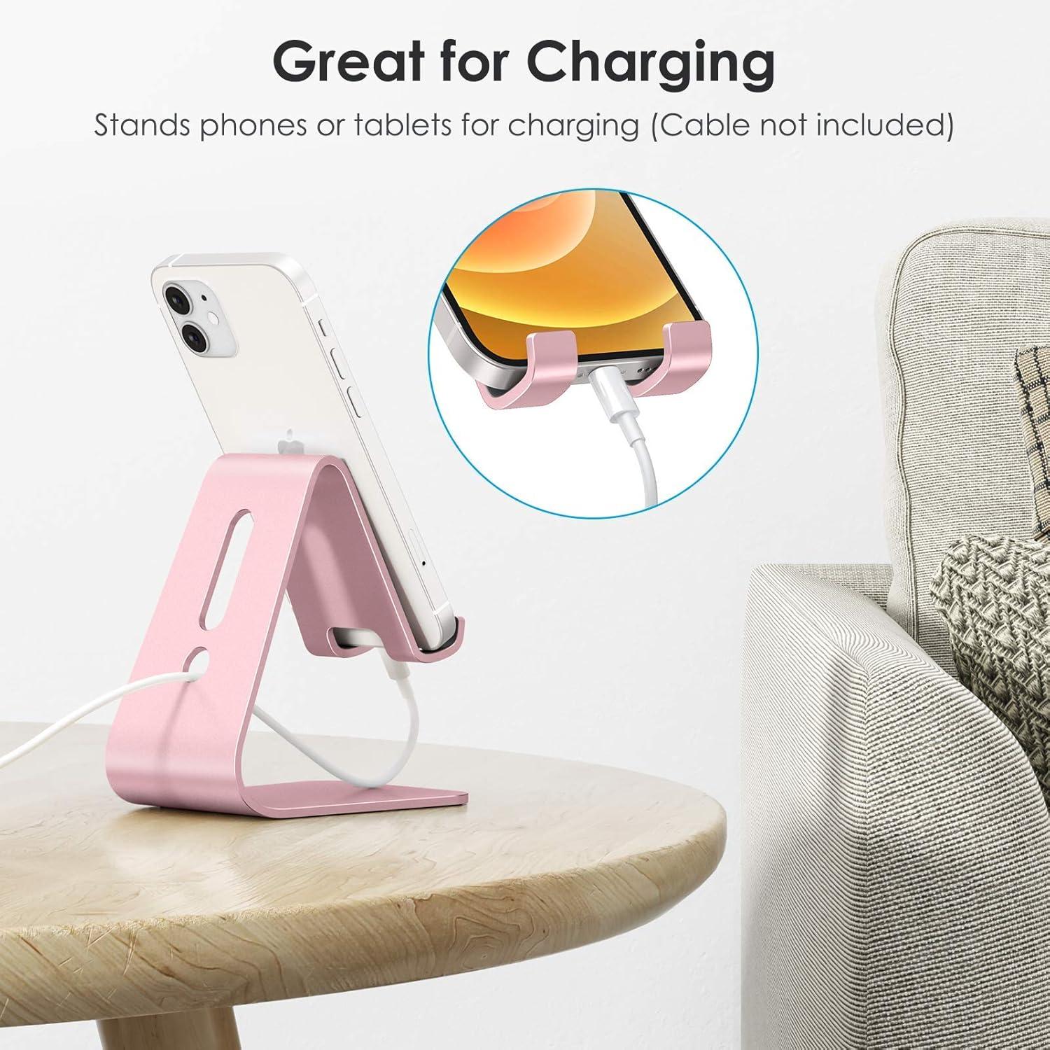 imageOMOTON Upgraded Aluminum Cell Phone Stand for Desk C1 Durable Cellphone Dock with Protective Pads Smart Stand Designed for iPhone17 16151413 Pro Max Air iPad mini Android PhonesRose GoldRose Gold