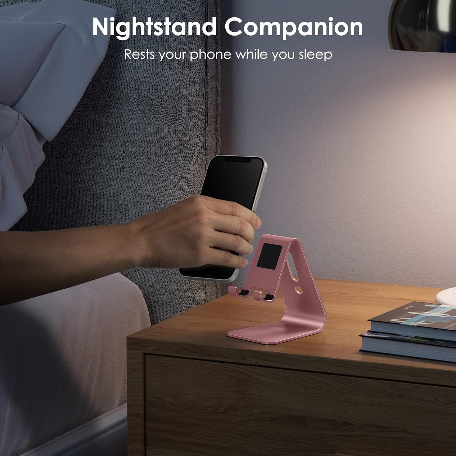 imageOMOTON Upgraded Aluminum Cell Phone Stand for Desk C1 Durable Cellphone Dock with Protective Pads Smart Stand Designed for iPhone17 16151413 Pro Max Air iPad mini Android PhonesRose GoldRose Gold