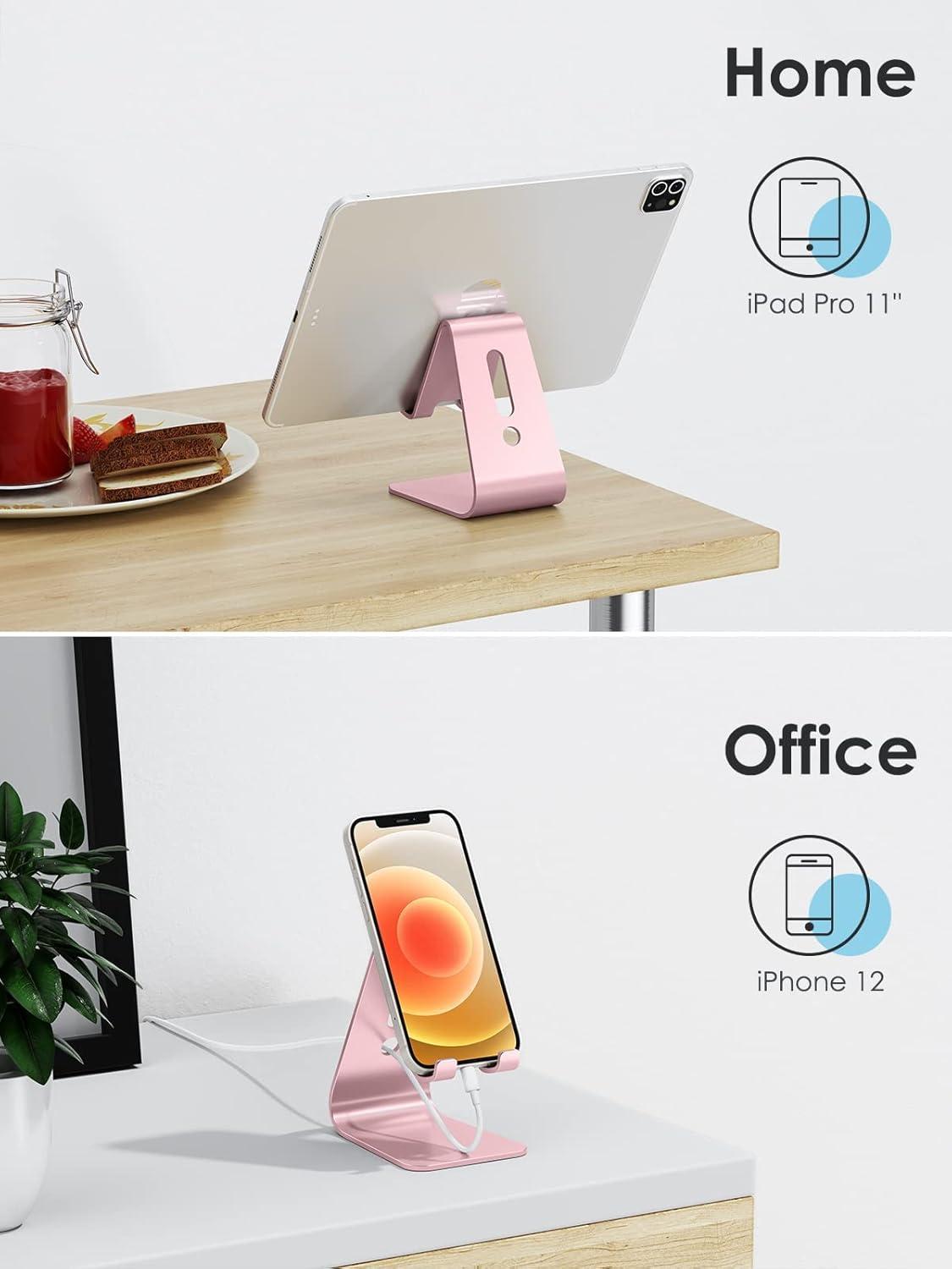 imageOMOTON Upgraded Aluminum Cell Phone Stand for Desk C1 Durable Cellphone Dock with Protective Pads Smart Stand Designed for iPhone17 16151413 Pro Max Air iPad mini Android PhonesRose GoldRose Gold