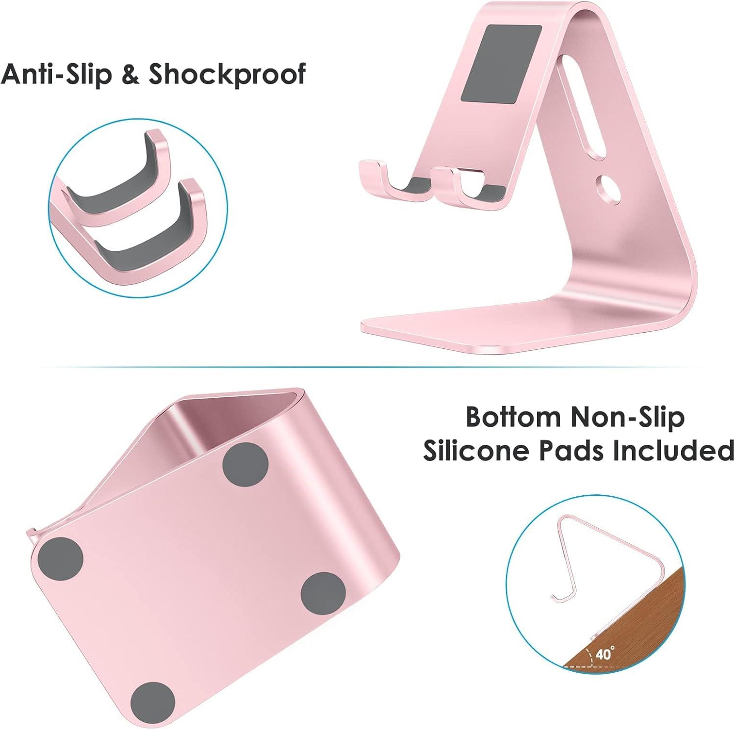 imageOMOTON Upgraded Aluminum Cell Phone Stand for Desk C1 Durable Cellphone Dock with Protective Pads Smart Stand Designed for iPhone17 16151413 Pro Max Air iPad mini Android PhonesRose GoldRose Gold