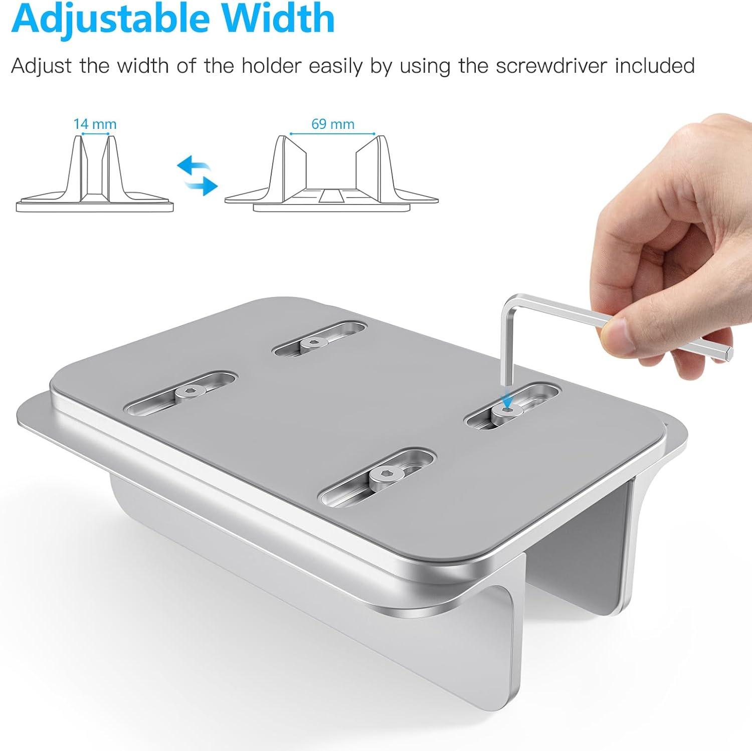 imageOMOTON Vertical Laptop Stand Holder Desktop Aluminum Stand for MacBook with Adjustable Dock Size Fits All MacBook Surface Chromebook and Gaming Laptops Up to 173 inchesBlackSilver