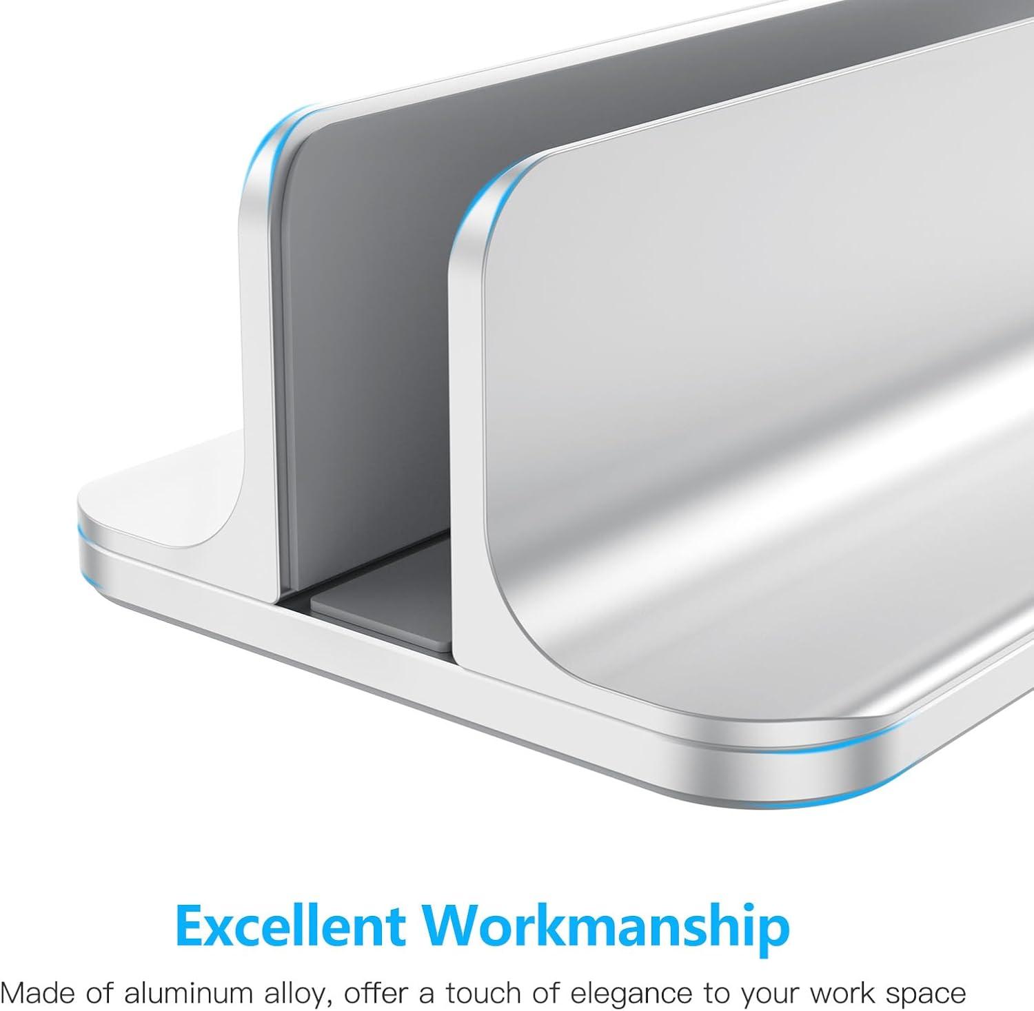 imageOMOTON Vertical Laptop Stand Holder Desktop Aluminum Stand for MacBook with Adjustable Dock Size Fits All MacBook Surface Chromebook and Gaming Laptops Up to 173 inchesBlackSilver