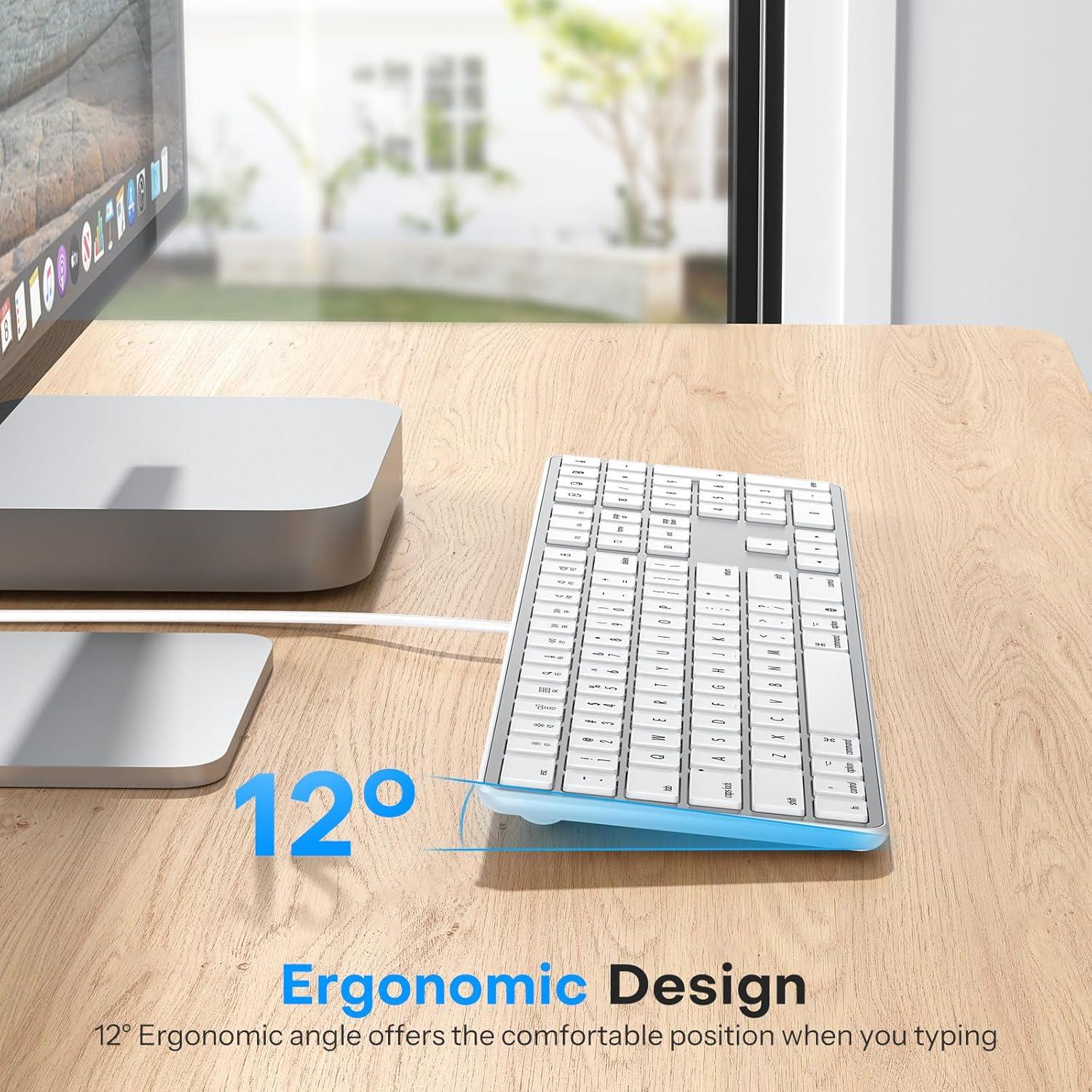 imageOMOTON Wired Keyboard for MacMacBookiMac with Dual InterfaceTypeC and USB A Full Size Keyboard Silver White