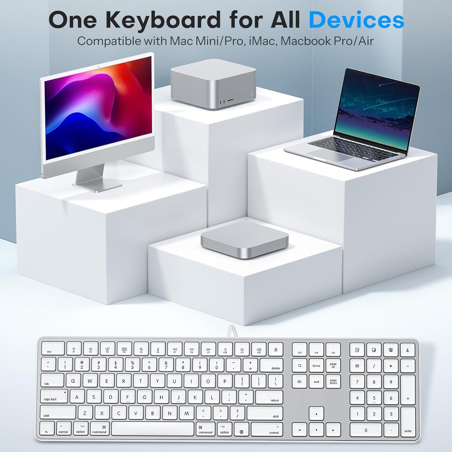 imageOMOTON Wired Keyboard for MacMacBookiMac with Dual InterfaceTypeC and USB A Full Size Keyboard Silver White