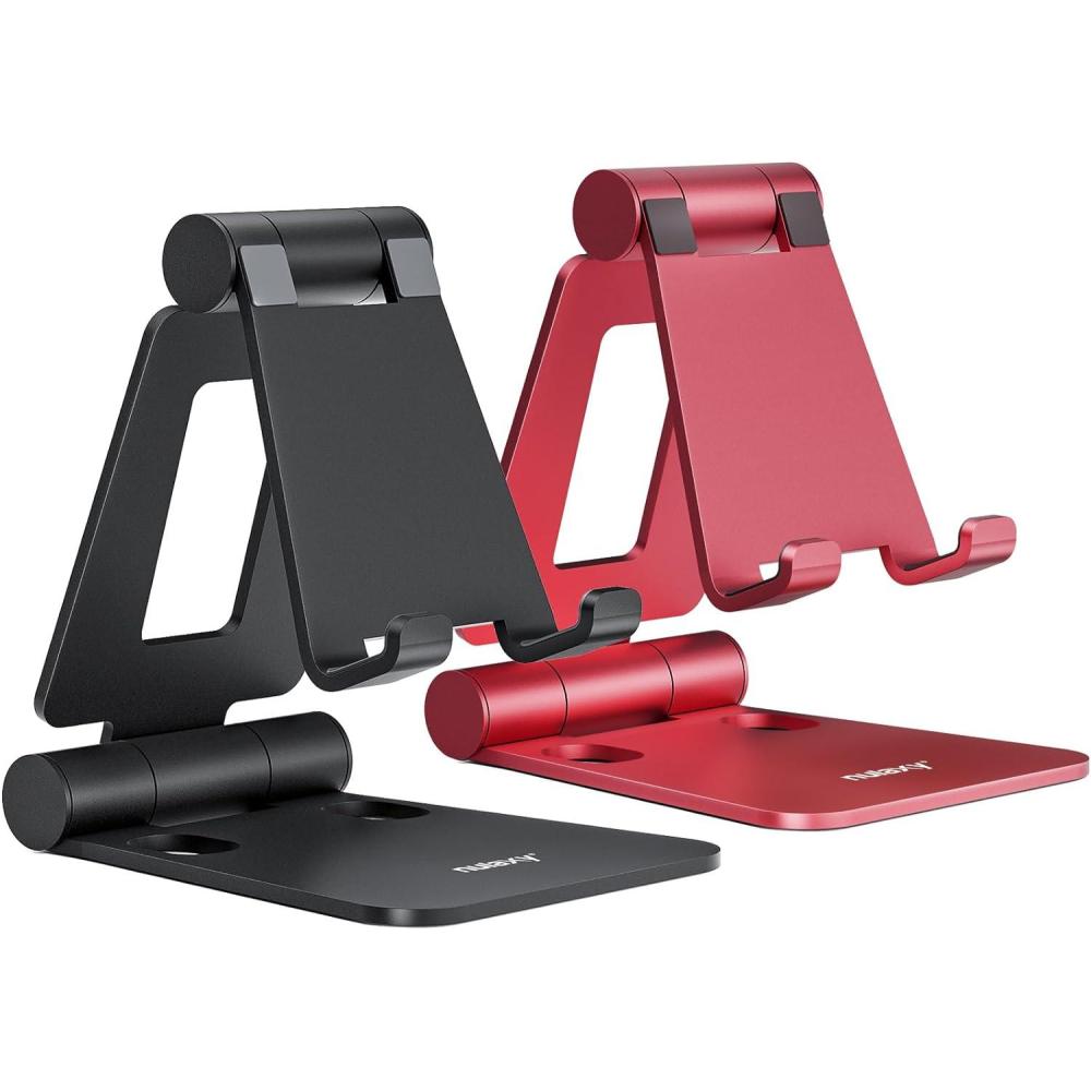 imageNulaxy 2 Pack Dual Folding Cell Phone Stand Fully Adjustable Foldable Desktop Phone Holder Cradle Dock Compatible with iPhone 17 16 15 14 13 12 11 Pro Max Xs Xr X 8 All Phones Black ampamp SilverGBlack Red