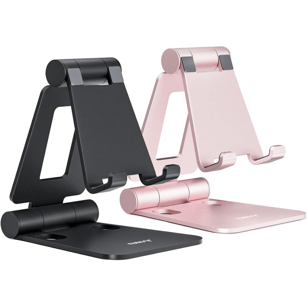 imageNulaxy 2 Pack Dual Folding Cell Phone Stand Fully Adjustable Foldable Desktop Phone Holder Cradle Dock Compatible with iPhone 17 16 15 14 13 12 11 Pro Max Xs Xr X 8 All Phones Black ampamp SilverBBlack Rose Gold