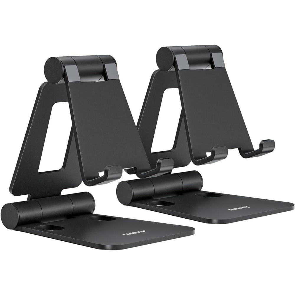 imageNulaxy 2 Pack Dual Folding Cell Phone Stand Fully Adjustable Foldable Desktop Phone Holder Cradle Dock Compatible with iPhone 17 16 15 14 13 12 11 Pro Max Xs Xr X 8 All Phones Black ampamp SilverCBlack