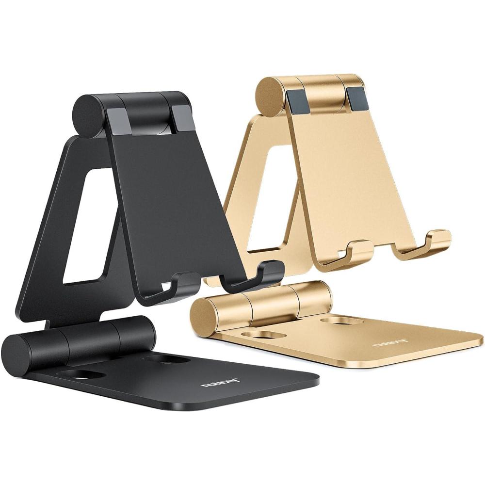 imageNulaxy 2 Pack Dual Folding Cell Phone Stand Fully Adjustable Foldable Desktop Phone Holder Cradle Dock Compatible with iPhone 17 16 15 14 13 12 11 Pro Max Xs Xr X 8 All Phones Black ampamp SilverFBlack Gold