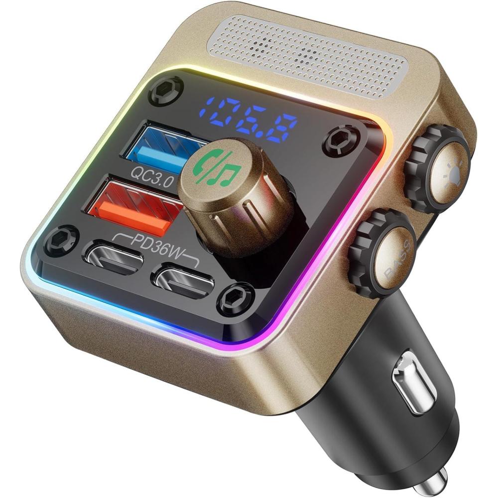 imageNulaxy 54W Bluetooth 53 Car Adapter Charger 4Port Fast Charging PD36W ampamp QC30 18W Wireless Radio FM Transmitter with Deep Bass Player 5 Colors LED Backlit HandsFree Calling Support USB DriveGold