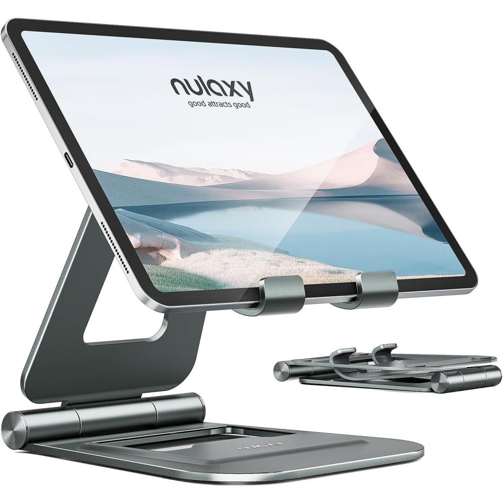 imageNulaxy Aluminum Dual Foldable iPad Stand Fully Adjustable Desktop Tablet Holder Tablet Accessories for Office Kindle Compatible with Mobile Devices iPad ProAirMini iPhone ProMaxPlus BlackDGray