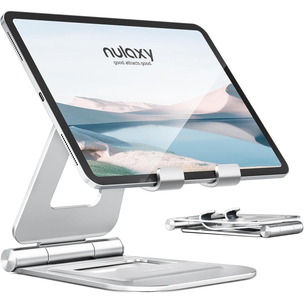 imageNulaxy Aluminum Dual Foldable iPad Stand Fully Adjustable Desktop Tablet Holder Tablet Accessories for Office Kindle Compatible with Mobile Devices iPad ProAirMini iPhone ProMaxPlus BlackBSilver