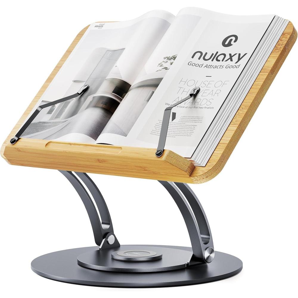imageNulaxy Bamboo 360 Rotating Book Stand for Reading Adjustable Textbook Holder for Reading HandsFree Foldable Desktop Cookbook Stand with Protective Page Clips Fits All Books GrayBgray