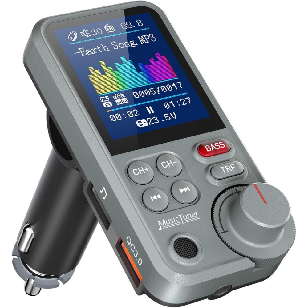 imageNulaxy Bluetooth Car Adapter 18quot Color Screen Strong Mic QC30 Fast Charger Wireless FM Radio Transmitter with Treble ampamp Bass Sound Music Player HandsFree Calls Supports AUXTF CardUSB DriveGrey