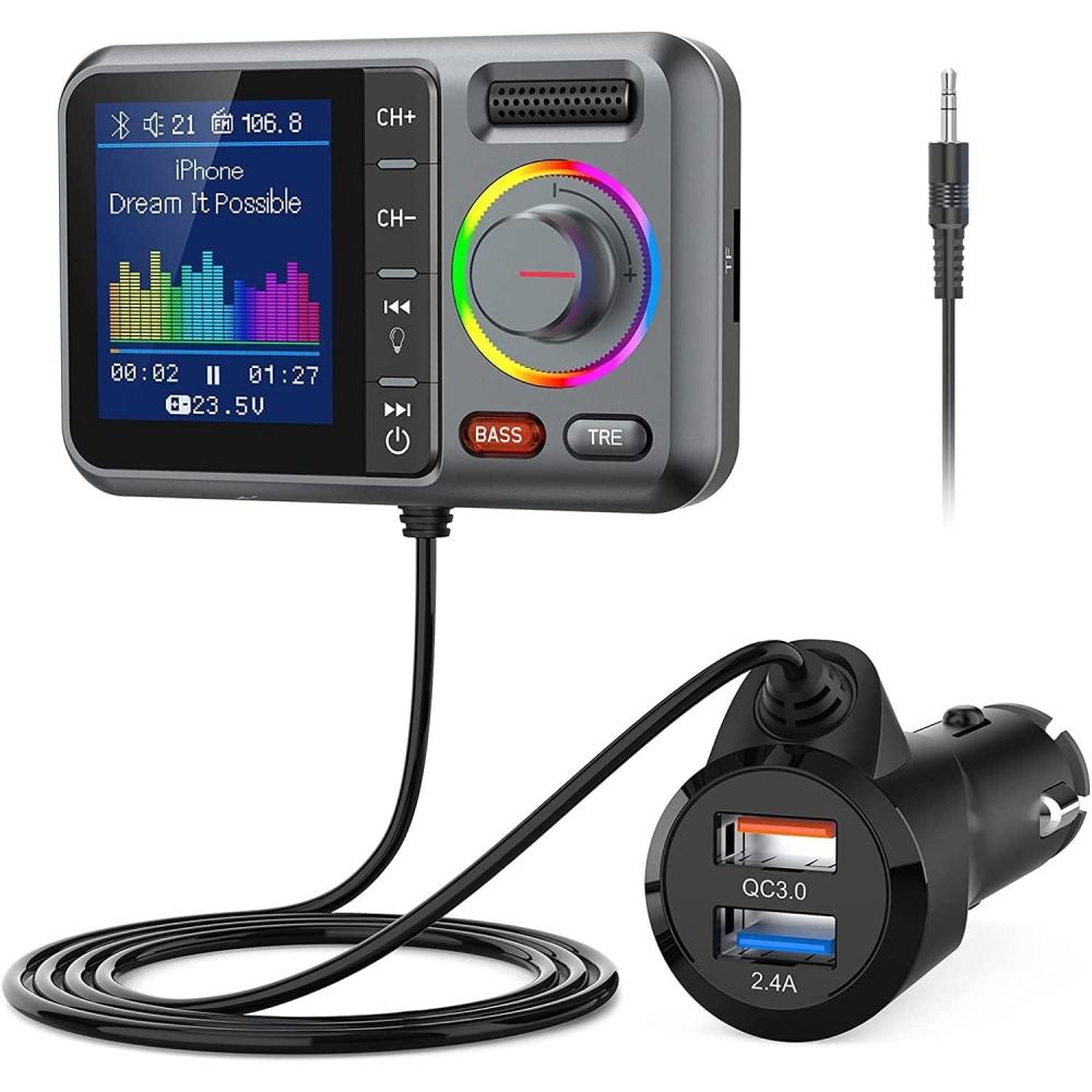 imageNulaxy Bluetooth FM Transmitter for Car Wireless Car Bluetooth V50 Adapter with Big Color Screen Support QC30 Fast Charging HandsFree Call MP3 Music Player BASSampampTRE Booster TF Card AUXKM28Grey