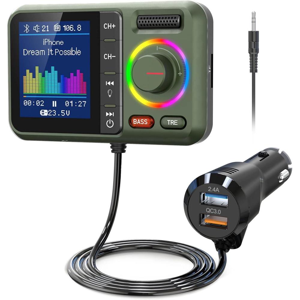 imageNulaxy Bluetooth FM Transmitter for Car Wireless Car Bluetooth V50 Adapter with Big Color Screen Support QC30 Fast Charging HandsFree Call MP3 Music Player BASSampampTRE Booster TF Card AUXKM28Green