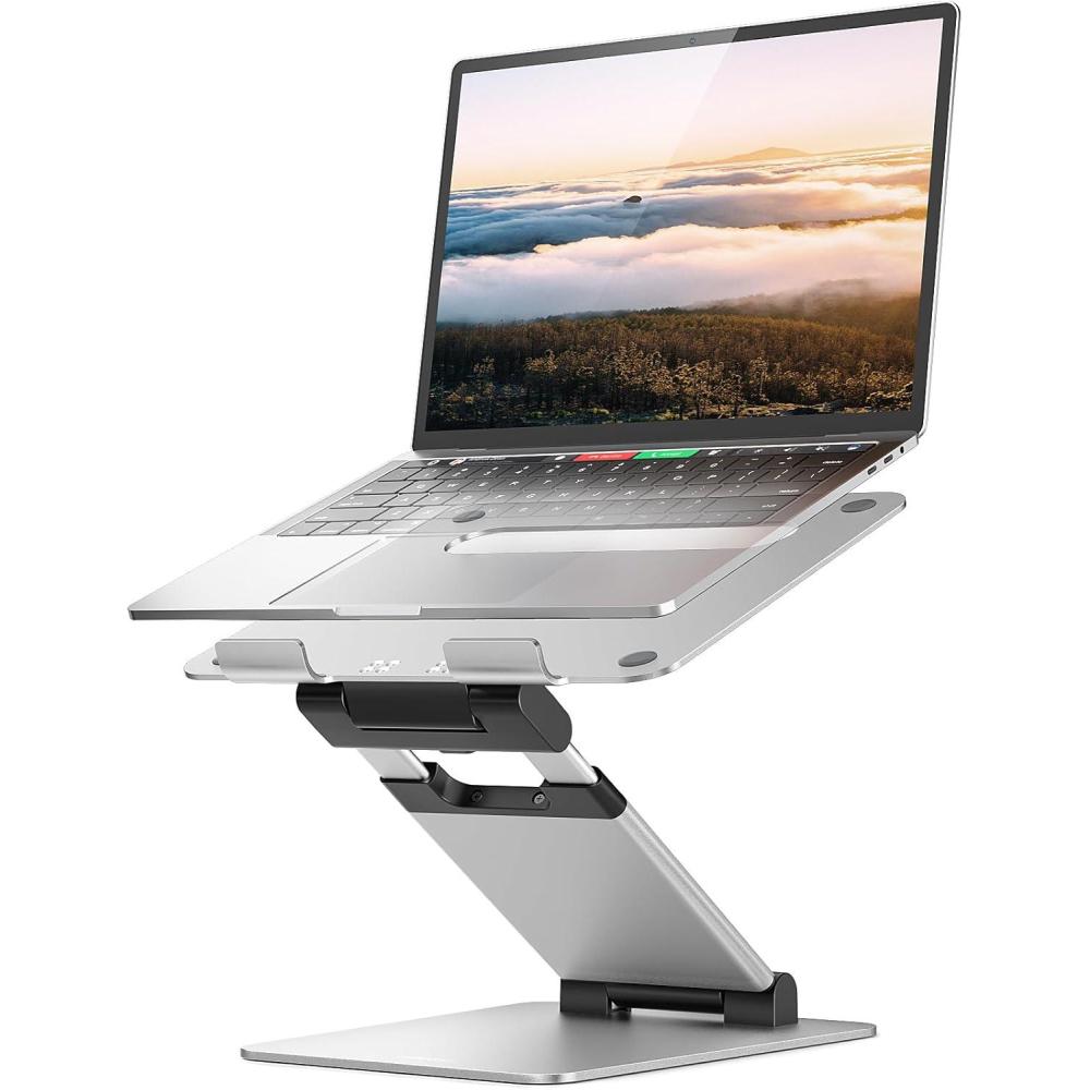 imageNulaxy Height Adjustable Laptop Stand for Desk Dual Foldable Aluminum Computer Riser Pull Out Design Ergonomic Sit to Notebook Holder Convertor Compatible with All 1017quot Laptops Tablets GrayCSilver