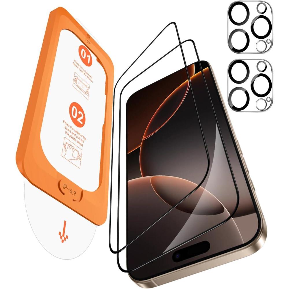 imageOMOTON 22 Pack Screen Protector and Camera Lens Protector for iPhone 16 Pro Max Full Screen Installation Precise Alignment BubbleFree Dustfree 9H Hardness Easy Installation