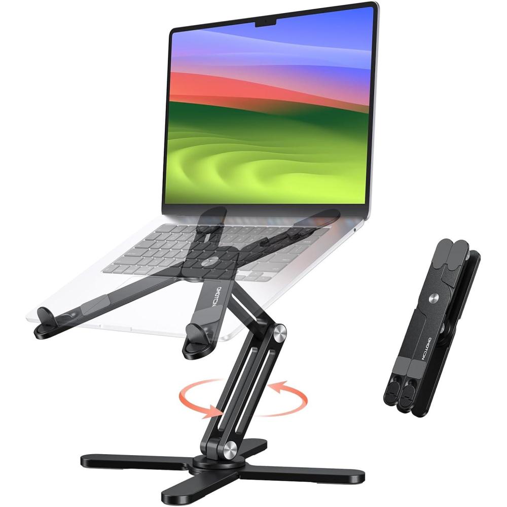 imageOMOTON 360 Rotating Laptop Stand Riser for Desk Ergonomic Foldable Computer Stand Adjustable Height Angles for Collaborative Work Easy Storage Fit MacbooksAll Laptops up to 16 inches SilverBlack