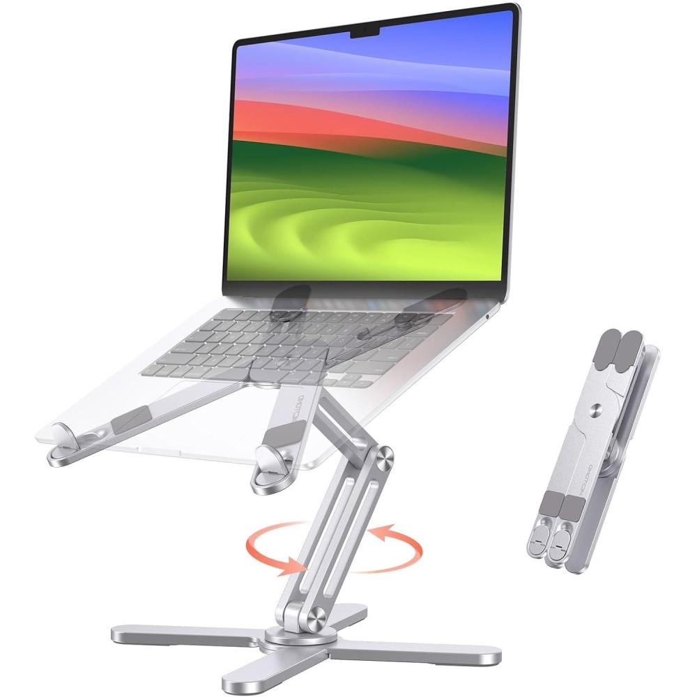 imageOMOTON 360 Rotating Laptop Stand Riser for Desk Ergonomic Foldable Computer Stand Adjustable Height Angles for Collaborative Work Easy Storage Fit MacbooksAll Laptops up to 16 inches SilverSilver