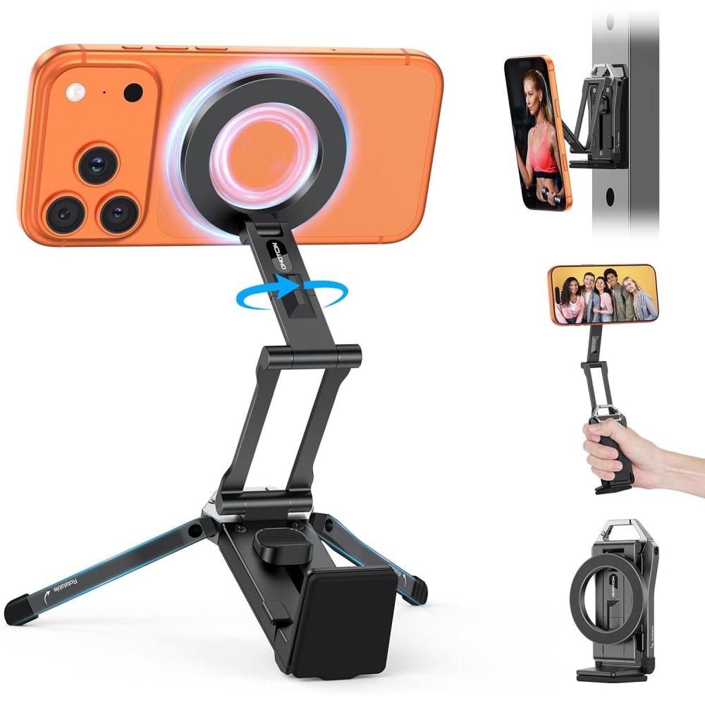 imageOMOTON 360Rotating for MagSafe Tripod Mount Adjustable Aluminum Magnetic Phone Tripod for iPhone 17161514 Pro Max Air Foldable Cell Phone Stand Fits Vlog Gym Travel Essentials AccessoriesABlack