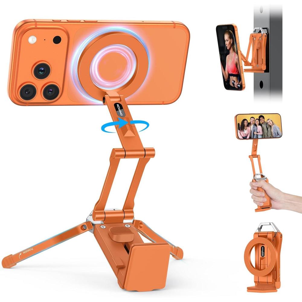 imageOMOTON 360Rotating for MagSafe Tripod Mount Adjustable Aluminum Magnetic Phone Tripod for iPhone 17161514 Pro Max Air Foldable Cell Phone Stand Fits Vlog Gym Travel Essentials AccessoriesAOrange