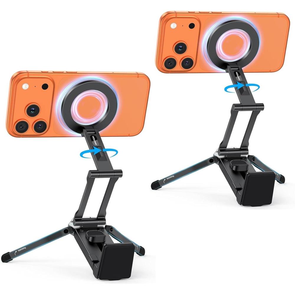 imageOMOTON 360Rotating for MagSafe Tripod Mount Adjustable Aluminum Magnetic Phone Tripod for iPhone 17161514 Pro Max Air Foldable Cell Phone Stand Fits Vlog Gym Travel Essentials AccessoriesBBlack 2Pack