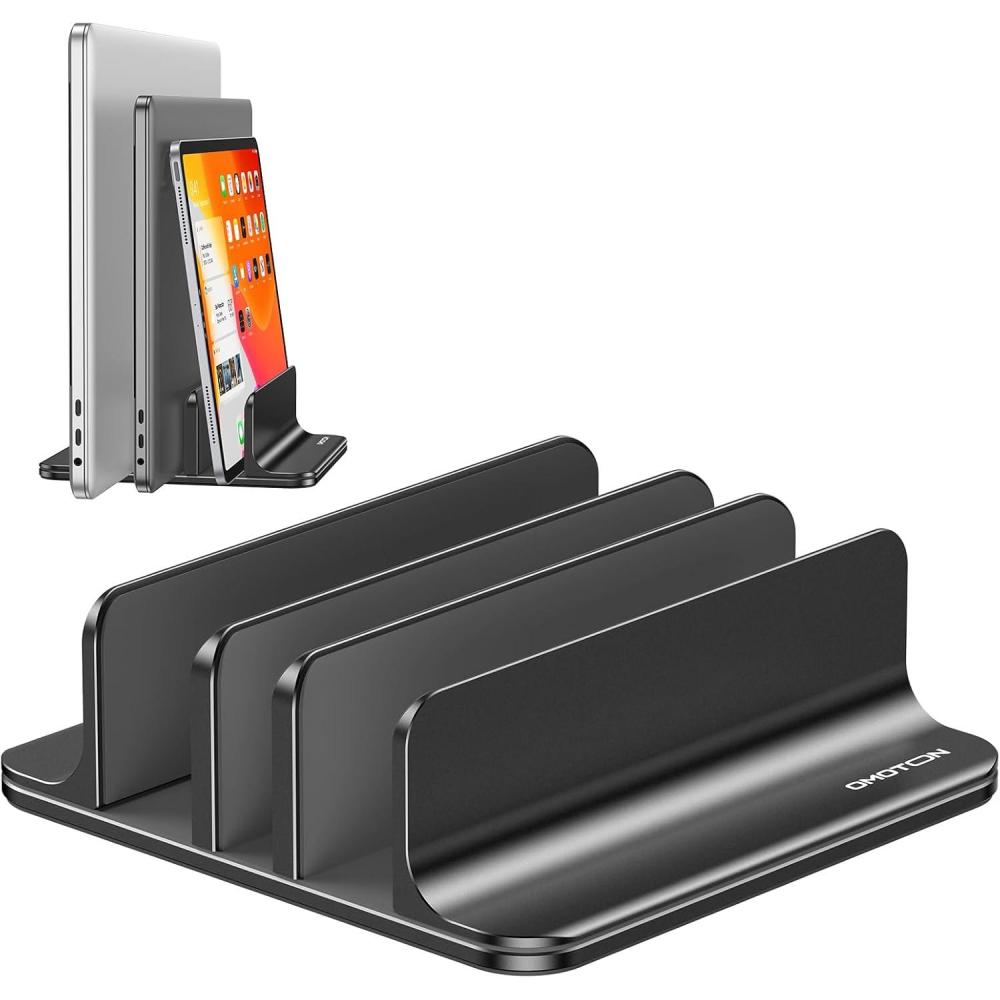 imageOMOTON 3Slot Vertical Laptop Stand Desktop Aluminum Stand for MacBook with Adjustable Dock Size Fits All MacBook Surface Chromebook and Gaming Laptops Up to 173 inches BlackBlack