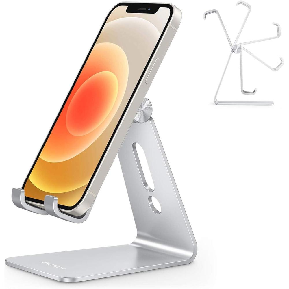 imageOMOTON Adjustable Cell Phone Stand C2 Aluminum Desktop Phone Holder Dock Compatible with iPhone 15 14 13 Xs XR 8 Plus 7 6 Samsung Galaxy Google Pixel Android Phones BlackSilver