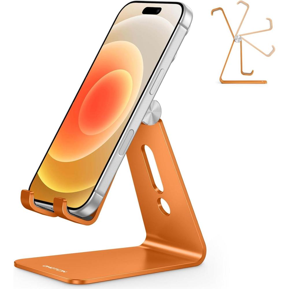 imageOMOTON Adjustable Cell Phone Stand C2 Aluminum Desktop Phone Holder Dock Compatible with iPhone 15 14 13 Xs XR 8 Plus 7 6 Samsung Galaxy Google Pixel Android Phones BlackOrange
