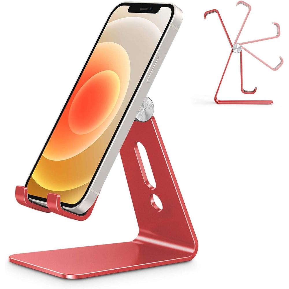 imageOMOTON Adjustable Cell Phone Stand C2 Aluminum Desktop Phone Holder Dock Compatible with iPhone 15 14 13 Xs XR 8 Plus 7 6 Samsung Galaxy Google Pixel Android Phones BlackRed