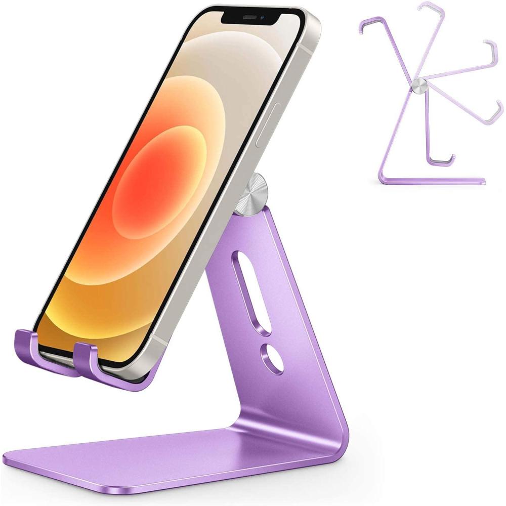 imageOMOTON Adjustable Cell Phone Stand C2 Aluminum Desktop Phone Holder Dock Compatible with iPhone 15 14 13 Xs XR 8 Plus 7 6 Samsung Galaxy Google Pixel Android Phones BlackPurple